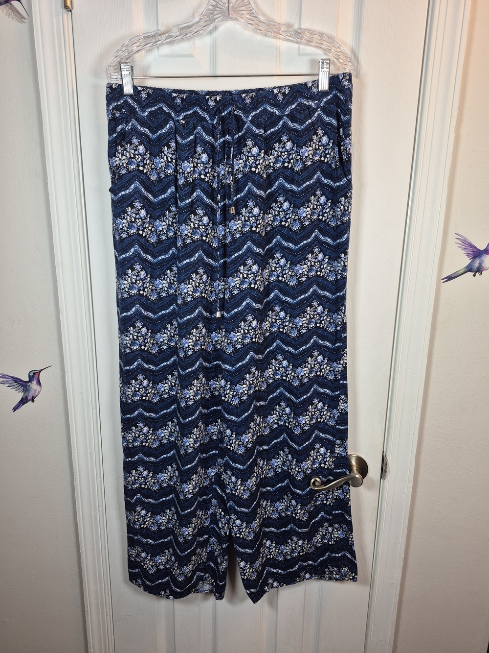 Love Wish Floral Chevron Wide Leg Palazzo Pants Plus Size XL Blue Cottagecore